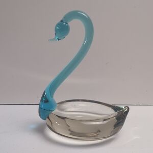 Hand Blown Glass Swan Figurine Trinket Bowl